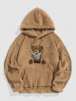 Bear Terry Embroidered Pullover Fluffy Teddy Hoodie L Coffee