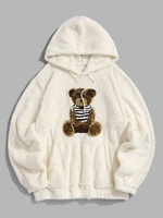 Bear Terry Embroidered Pullover Fluffy Teddy Hoodie L White