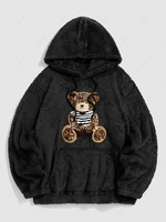 Bear Terry Embroidered Pullover Fluffy Teddy Hoodie M Black