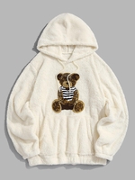 Bear Terry Embroidered Pullover Fluffy Teddy Hoodie M White