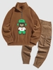 Bear Towel Embrodiered Polar Fleece Quater Zip Pullover Sweatshirt and Multi-pockets Design Beam Feet Corduroy Pants Set Coffee