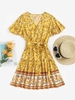 Belted Bohemian Floral Surplice Mini Dress L Yellow