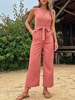 Belted Button Front Pockets Wide Leg Jumpsuit M Light pink