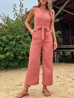Belted Button Front Pockets Wide Leg Jumpsuit M Light pink