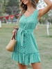 Belted Button Up Spotted Print Mini Dress Xl Green