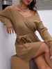 Belted Cable Knit Double V Sweater Dress L Coffee