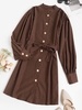 Belted Casual Balloon Sleeve Shirt Dress M Deep coffee