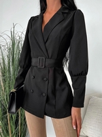 Belted Double Breasted Lapel Blazer L Black