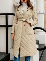 Belted Lapel Collar Longline Padded Quilted Coat L Light coffee