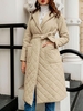 Belted Lapel Collar Longline Padded Quilted Coat Xl Light coffee