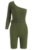 Belted One Shoulder Ribbed Unitard Romper M Deep green