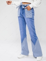 Belted Patchwork Flare Jeans S Light blue