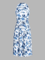 Belted Pleated Floral Midi Dress M White