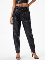 Belted PU Leather Tapered Pants M Black