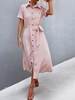 Belted Rolled Sleeve Midi Shirt Dress M Light pink