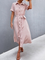Belted Rolled Sleeve Midi Shirt Dress M Light pink