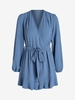 Belted Ruffled Hem Surplice Romper L Blue