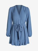 Belted Ruffled Hem Surplice Romper L Blue