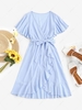 Belted Ruffles Overlap Flutter Sleeve Dress L Light blue
