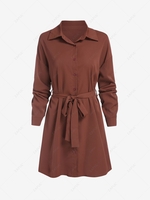 Belted Silky Long Sleeve Shirt Dress M Deep coffee