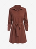 Belted Silky Long Sleeve Shirt Dress S Deep coffee