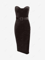 Belted Velour Midi Bandeau Dress M Deep coffee