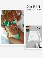 Bowknot Colorblock Tie Side String Bikini Swimwear with Ribbed Cinched Side Mini Skirt Green