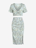 Bowknot Cropped Blouse With Ruched Slit Midi Skirt Two Piece Ditsy Floral Set Light blue