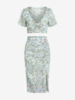 Bowknot Cropped Blouse With Ruched Slit Midi Skirt Two Piece Ditsy Floral Set Light blue