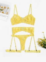 Bowknot Fern Lace Scalloped Garter Lingerie Set with Leg Rings M Yellow