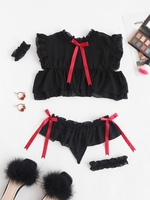 Bowknot Frilled Ruffle Chiffon Lingerie Set M Black