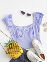 Bowknot Lace Trim Ribbed Bustier Blouse M Light blue