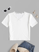 Bowknot Lace Trim Ribbed Tee M White