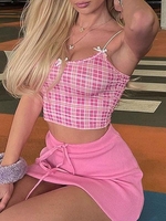 Bowknot Plaid Crop Top M Light pink