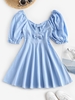 Bowknot Puff Sleeve Mini Skater Dress M Light blue