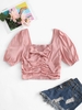 Bowknot Puff Sleeve Ruched Smocked Blouse L Light pink