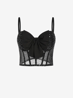 Bowknot Sequined Sheer Mesh Bustier Cami Top S Black