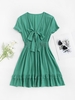 Bowknot Smocked Waist Flounce Hem Dress L Green