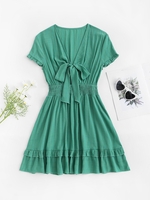 Bowknot Smocked Waist Flounce Hem Dress S Green