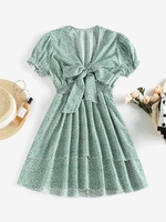 Bowknot Smocked Waist Layered Dress L Light green