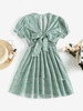 Bowknot Smocked Waist Layered Dress Xl Light green