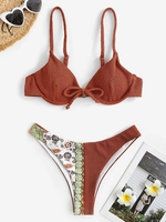 Bowknot Underwire Flower Print Cheeky Bikini Swimwear Coffee