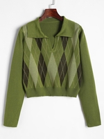 Boxy Collared Argyle Sweater S Deep green