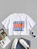 Boxy Raw Hem George Orwell Graphic Tee S White