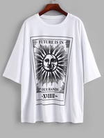 Boyish Sun and Moon Letter Print Oversized Tee M White