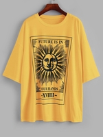 Boyish Sun and Moon Letter Print Oversized Tee M Yellow