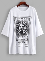 Boyish Sun and Moon Letter Print Oversized Tee S White
