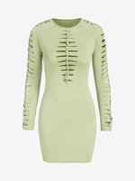 Braided Ripped Raglan Sleeve Bodycon Dress L Light green