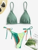 Braided Strap Ribbed Tie Side High Cut Colorblock Bikini Swimwear Green
