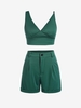 Bralette Top and Rolled Hem High Waisted Shorts Set M Deep green